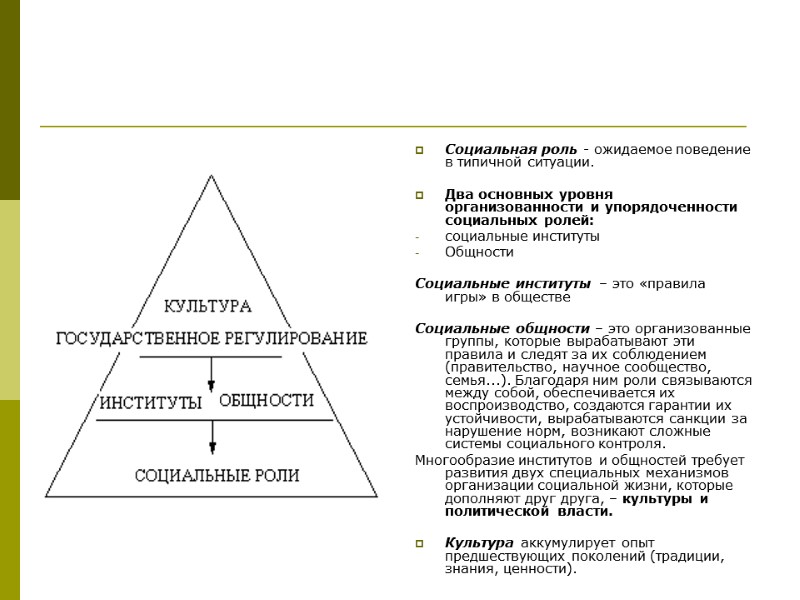 Социальная роль - ожидаемое поведение в типичной ситуации.   Два основных уровня организованности